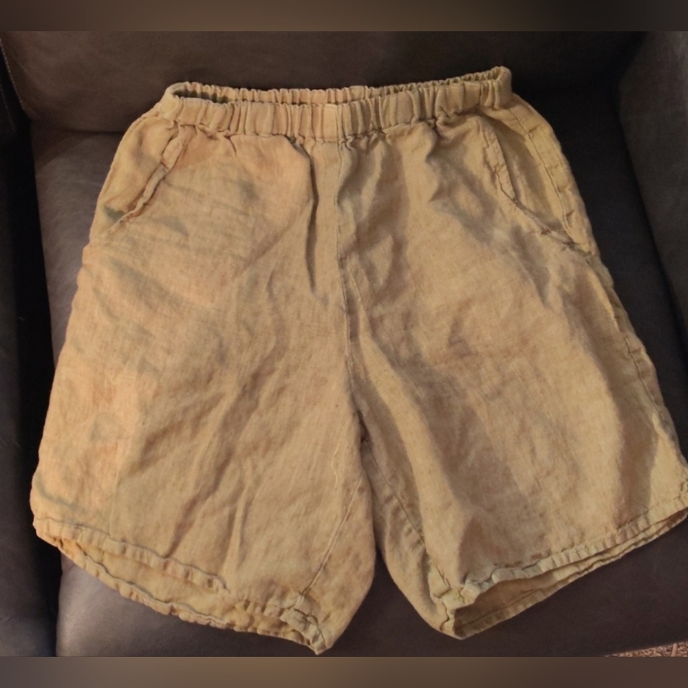 FLAX Jeanne Engelhart Green 100% Linen Pull-On Lagenlook Shorts Petite